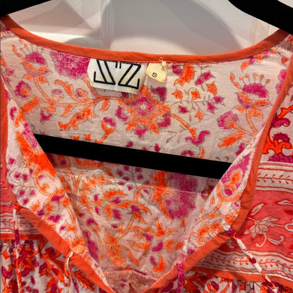 SZ Blockprints 100% Cotton Tunic Dress Tassels Pink Orange Women coverup resort - Picture 4 of 7
